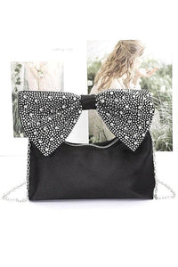 Versatile Handbag | Stylish & Functional Rhinestone Bow Tie Satin Top Handle Clutch - Modestly Vogue 