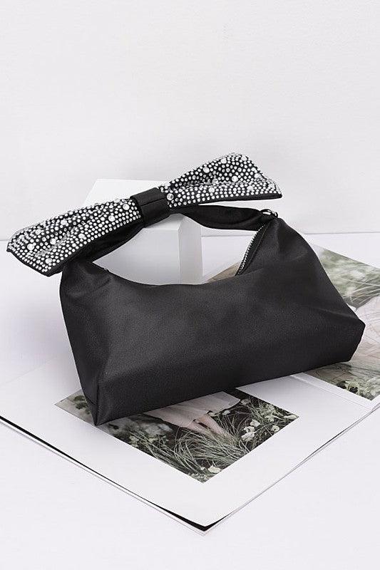 Versatile Handbag | Stylish & Functional Rhinestone Bow Tie Satin Top Handle Clutch - Modestly Vogue 