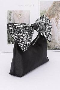 Versatile Handbag | Stylish & Functional Rhinestone Bow Tie Satin Top Handle Clutch - Modestly Vogue 