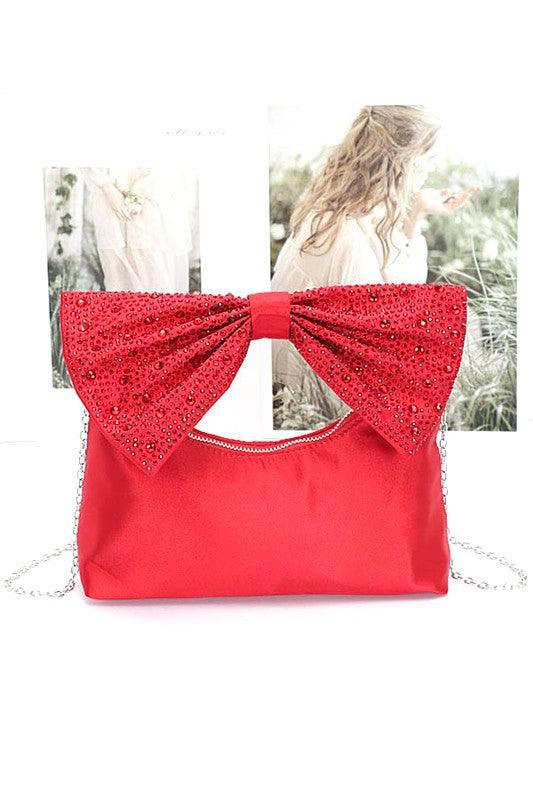 Versatile Handbag | Stylish & Functional Rhinestone Bow Tie Satin Top Handle Clutch - Modestly Vogue 