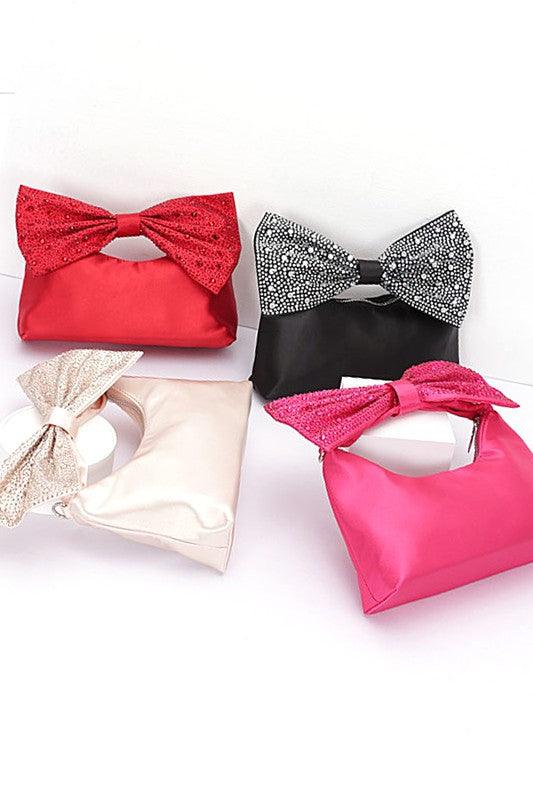 Versatile Handbag | Stylish & Functional Rhinestone Bow Tie Satin Top Handle Clutch - Modestly Vogue 