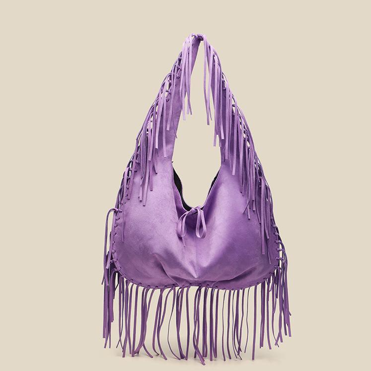 Versatile Handbag | Stylish & Functional Tassel Large Capacity Tote Crescent One Shoulder Women Bag Casual Simple Crossbody Suede Retro Dumpling Bag - Modestly Vogue 