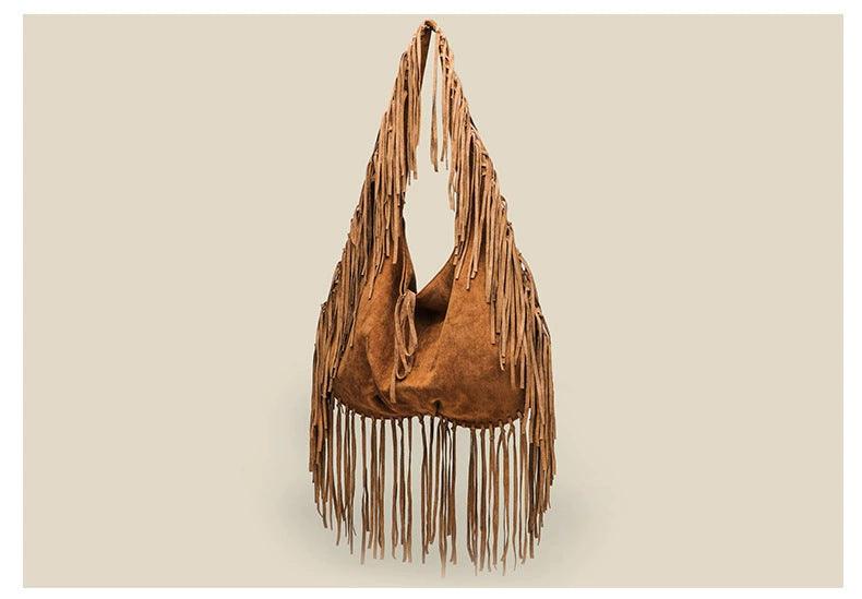 Versatile Handbag | Stylish & Functional Tassel Large Capacity Tote Crescent One Shoulder Women Bag Casual Simple Crossbody Suede Retro Dumpling Bag - Modestly Vogue 