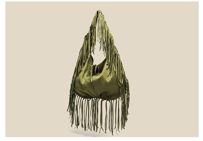 Versatile Handbag | Stylish & Functional Tassel Large Capacity Tote Crescent One Shoulder Women Bag Casual Simple Crossbody Suede Retro Dumpling Bag - Modestly Vogue 