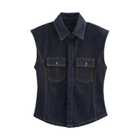 Denim Winter Casual Sleeveless Vest Mid Rise Sets - Modestly Vogue 