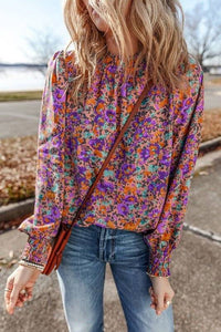 Boho Chic Allover Print Shirred Cuff Mock Neck Blouse - Modestly Vogue 