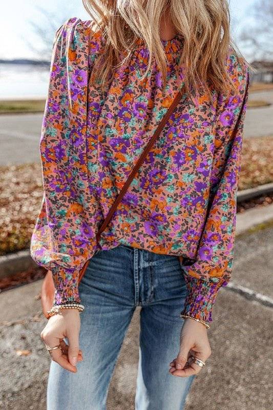 Boho Chic Allover Print Shirred Cuff Mock Neck Blouse - Modestly Vogue 