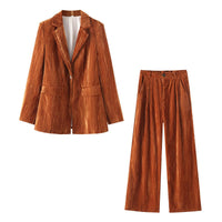 Women Clothing Autumn Winter Elegant Velvet Blazer High Waist Trousers Sets - Modestly Vogue 