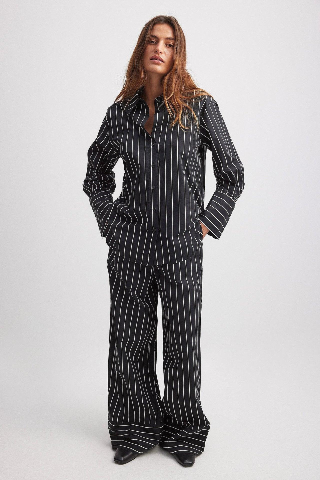 Women Clothing Office Elegant Button Striped Wide Leg Pants Set - Modestly Vogue 