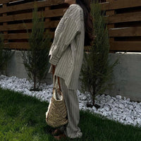 Women Clothing Spring Autumn Striped Loose Long Sleeved Shirt Wide Leg Pants Two Piece Set - Modestly Vogue 