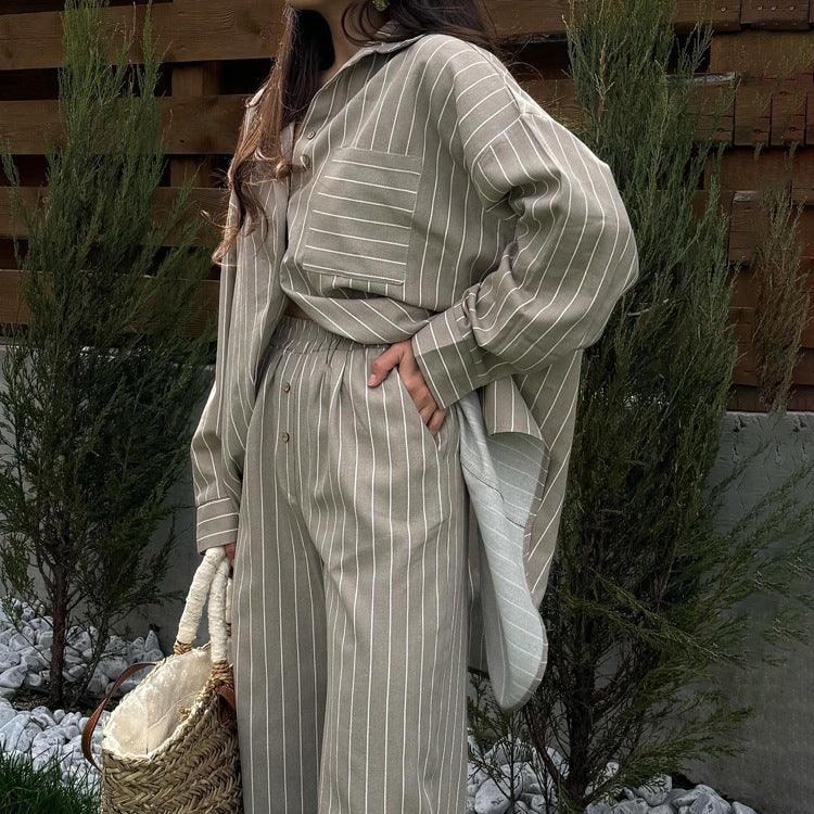 Women Clothing Spring Autumn Striped Loose Long Sleeved Shirt Wide Leg Pants Two Piece Set - Modestly Vogue 