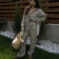 Women Clothing Spring Autumn Striped Loose Long Sleeved Shirt Wide Leg Pants Two Piece Set - Modestly Vogue 