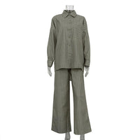 Women Clothing Spring Autumn Striped Loose Long Sleeved Shirt Wide Leg Pants Two Piece Set - Modestly Vogue 