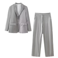 Women Clothing Spring French High Grade Metallic Glossy Casual Metallic Trousers Sets - Modestly Vogue 