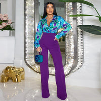 Women Clothing Spring Printed Slim Fit Long Sleeved Shirt Wide Leg Trousers Casual Suit - Modestly Vogue 