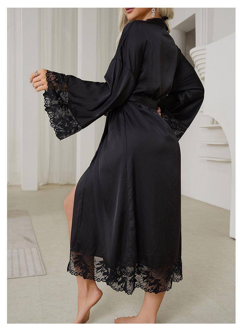 Women Satin Bathrobe Long Belt Lace Affordable Luxury Sexy Nightgown Homewear - Modestly Vogue 