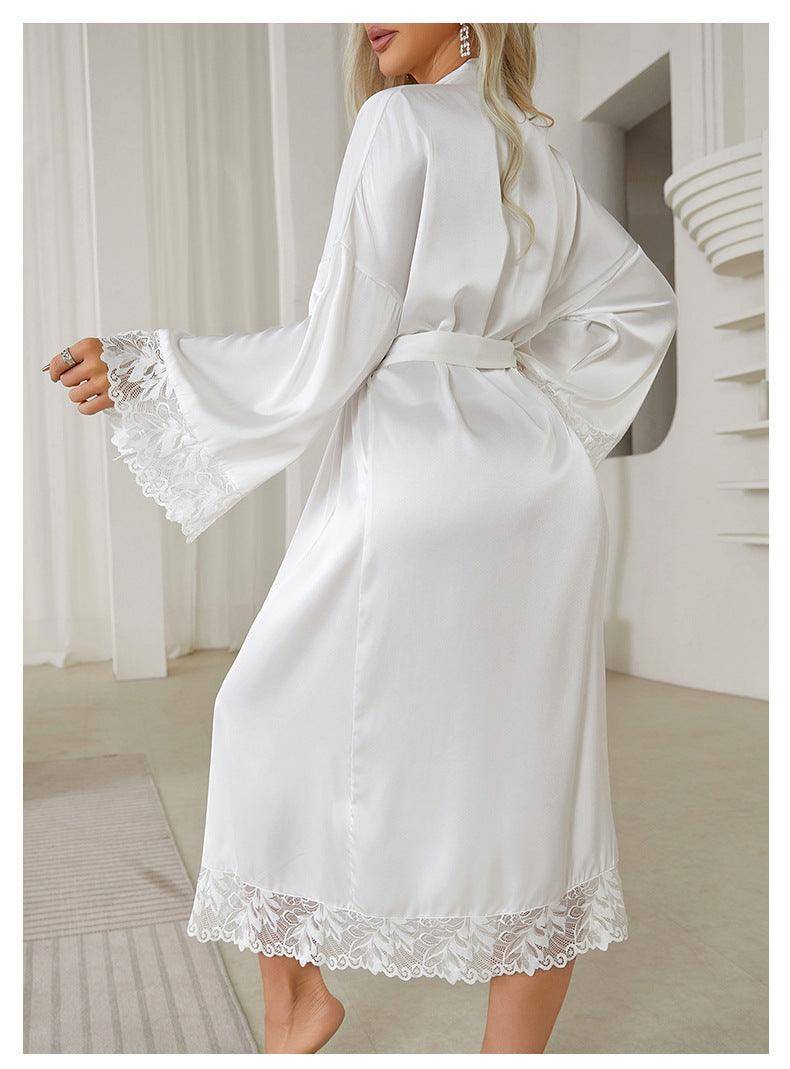 Women Satin Bathrobe Long Belt Lace Affordable Luxury Sexy Nightgown Homewear - Modestly Vogue 