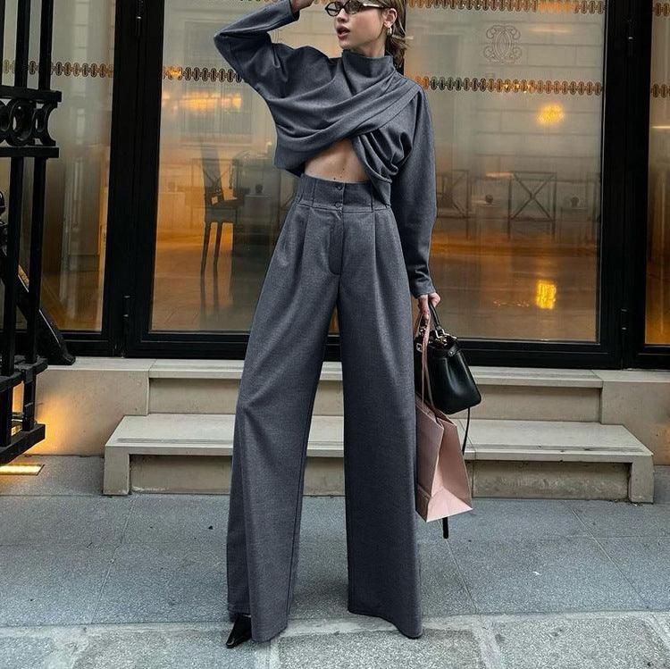 Women Spring Autumn Small Turtleneck Cross Design Long Sleeved Top Casual Wide Leg Pants Two Piece Sets - Modestly Vogue 