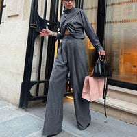 Women Spring Autumn Small Turtleneck Cross Design Long Sleeved Top Casual Wide Leg Pants Two Piece Sets - Modestly Vogue 