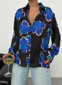 Women's Shirt with Blue Flowers - Floral Design Casual Wear - Modestly Vogue 