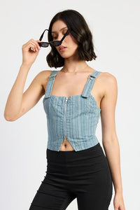 Denim Zipper Front Bustier Top - Corset-Inspired Style Modern Fashion - Modestly Vogue 