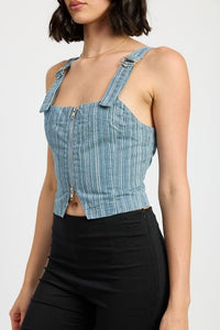 Denim Zipper Front Bustier Top - Corset-Inspired Style Modern Fashion - Modestly Vogue 